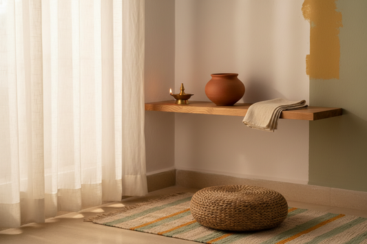 Soulful Indian home corner with light pinewood shelf, brass lamp, clay pot and khadi linen in warm morning light