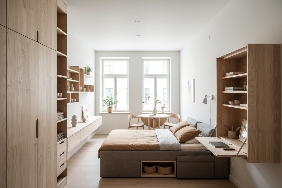 Minimalist Nordic apartment with space-saving raw unpolished pinewood vertical storage systems and wall mounted shelves for smart compact living