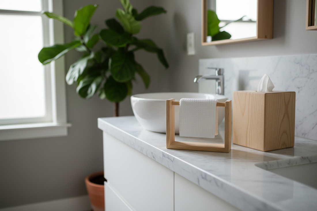 Light pinewood tissue holder and hand towel rail on a marble bathroom countertop, Nordic minimalist design