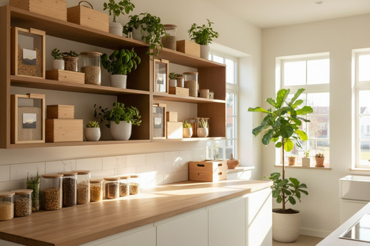 Sustainable kitchen organization with raw unpolished pinewood storage boxes surrounded by greenery and natural sunlight