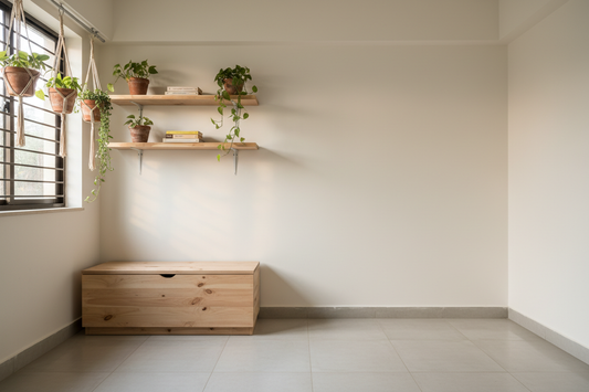 Minimalist sustainable Indian apartment interior with light pinewood floating shelves, reclaimed wood bench and hanging terracotta planters