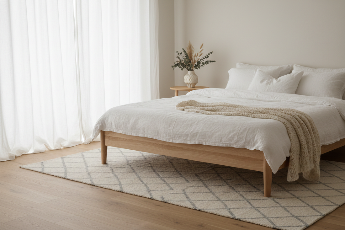 Light pinewood solid wood bed frame and bedside table in a calm minimal Nordic bedroom with white linen and soft natural daylight