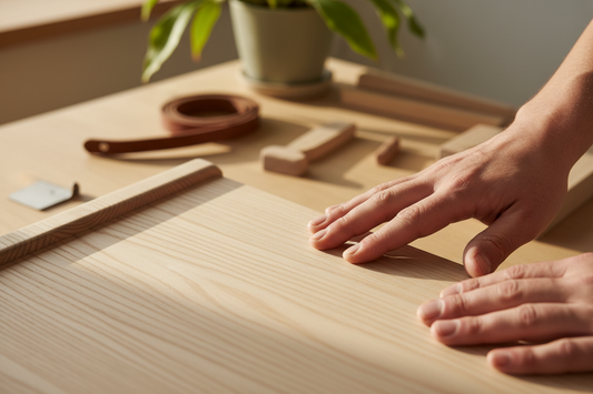 Craftsman's hands carefully inspecting a light matte pinewood furniture piece showing natural wood grain and honest craftsmanship in warm natural light