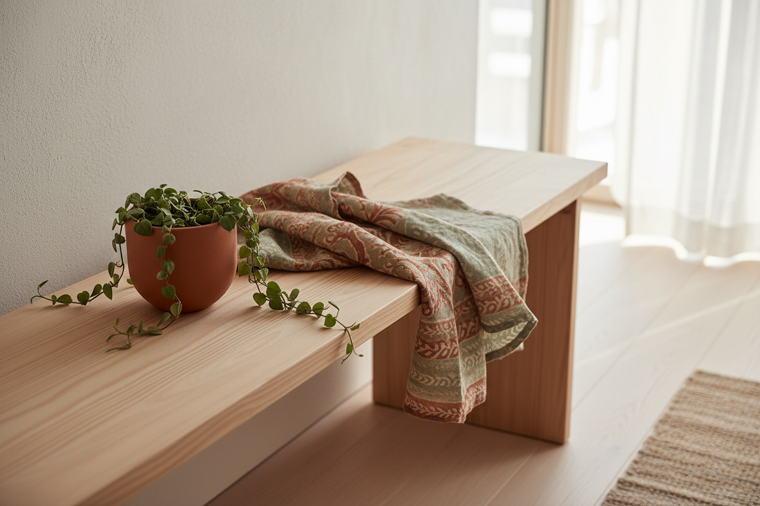 A minimalist light pinewood console styled with a potted plant and earthy linen textile, representing sustainably sourced wood furniture with a Nordic-Indian aesthetic.