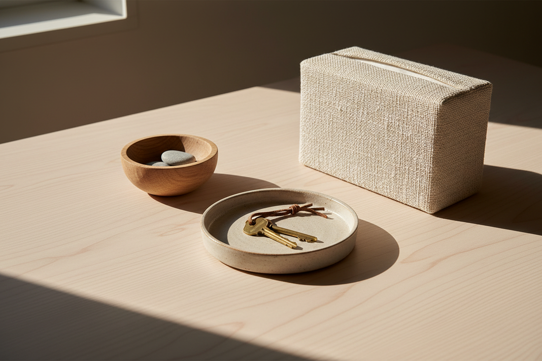 A ceramic tray, small wooden bowl and tissue holder arranged on a light matte pinewood surface with warm direct sunlight casting soft shadows
