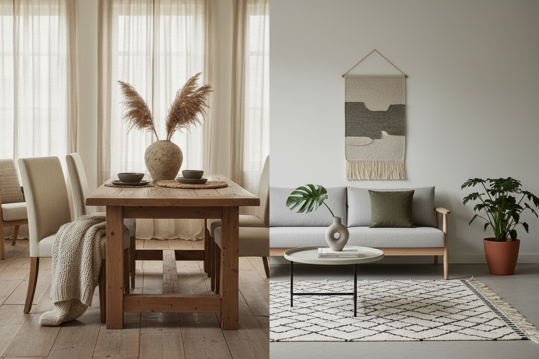 Split composition showing timeless sustainable décor with raw unpolished reclaimed Canadian pinewood furniture and natural textiles vs fleeting trendy decor