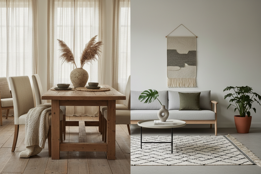 Split composition showing timeless sustainable décor with raw unpolished reclaimed Canadian pinewood furniture and natural textiles vs fleeting trendy decor