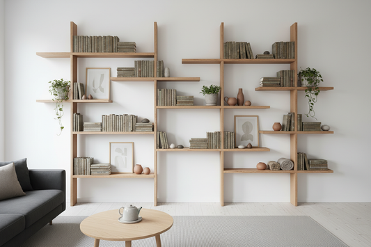 Minimalist Nordic interior with transformative raw unpolished reclaimed Canadian pinewood floating wall shelves for vertical storage and space maximization