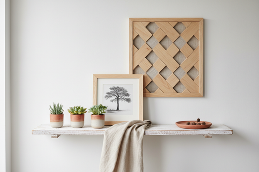 Upcycled light pinewood home décor including floating shelf, picture frame and wall art panel in a minimalist eco-friendly Indian interior