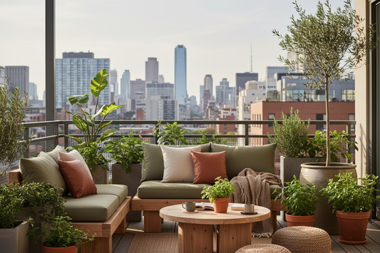 Urban balcony makeover with raw unpolished reclaimed Canadian pinewood furniture, green plants and sustainable outdoor living design