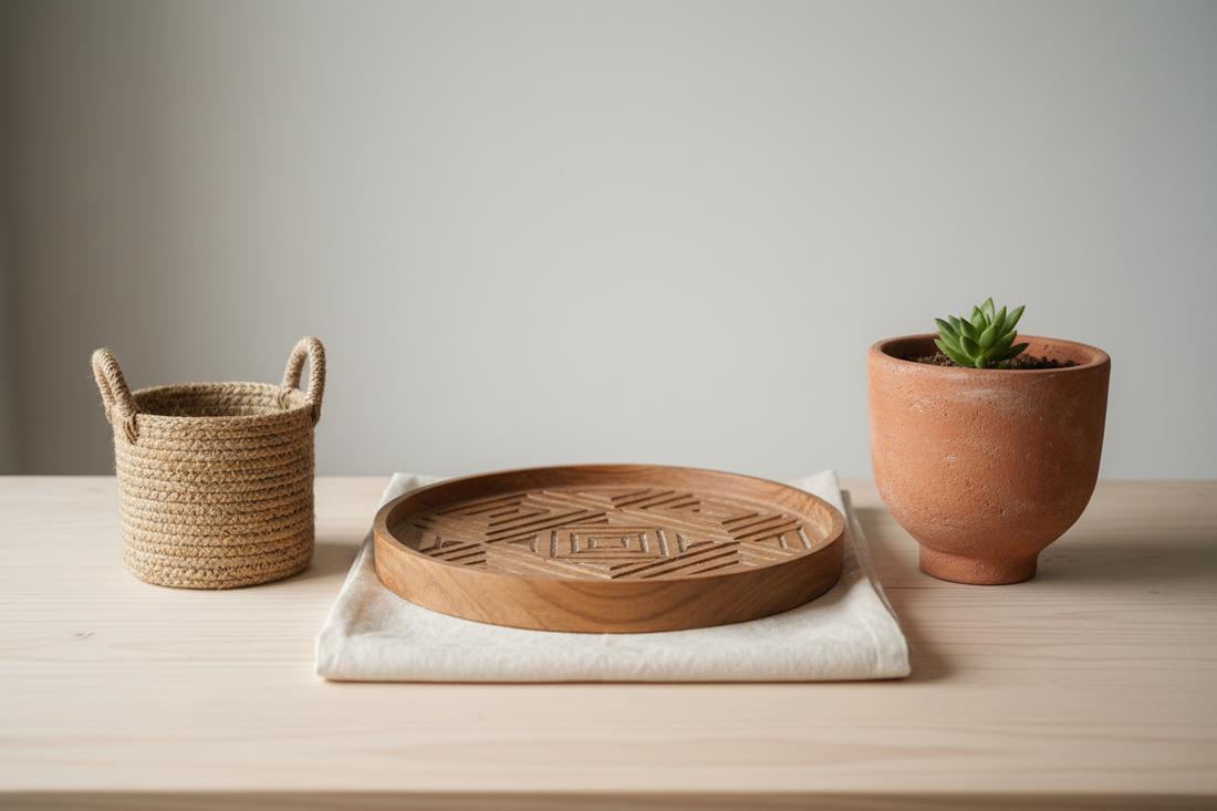 Flat-lay of sustainable utility décor items including hand-carved pinewood tray, jute basket and terracotta planter on a light pinewood surface