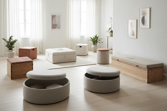 Collection of various storage ottoman styles featuring natural pinewood frames with neutral cushions in minimalist Nordic interior