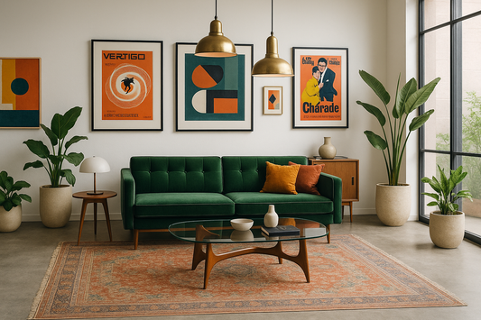 Living room featuring retro influences in modern interiors with a green sofa, vintage art, and potted plants