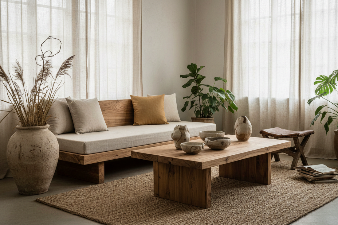  Serene Indian home interior showcasing Wabi-Sabi philosophy with natural pinewood furniture and earthy tones