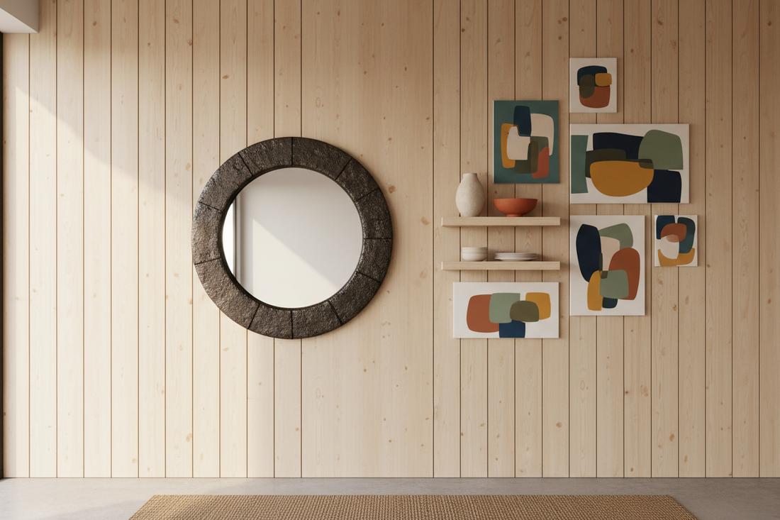 Modern Indian living room with Nordic pinewood wall paneling, artisan mirror and gallery wall featuring canvas art and ceramic accents on floating shelves