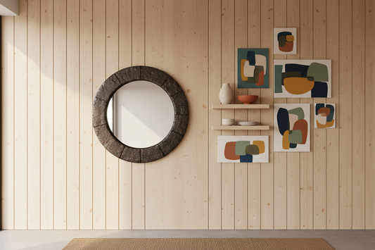 Modern Indian living room with Nordic pinewood wall paneling, artisan mirror and gallery wall featuring canvas art and ceramic accents on floating shelves