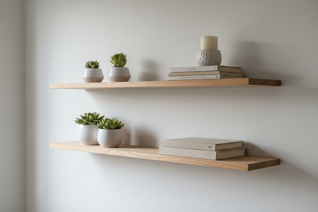 Light pinewood floating shelves styled with succulents, a candle and books against a calm minimalist wall