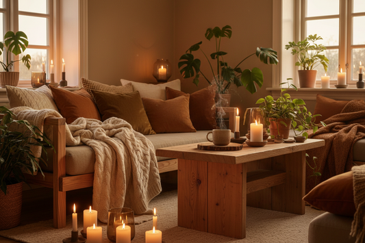 Warm cozy hygge Nordic home with raw unpolished reclaimed pinewood furniture, glowing candles, soft knitted blankets and warm golden light for Danish design living