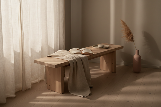 A light matte pinewood bench with a soft linen throw, a book and a small ceramic tray in gentle morning light creating a calm and grounded home interior