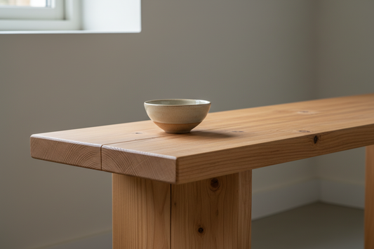 Close-up of natural pinewood grain on a handcrafted wooden furniture piece with warm soft light highlighting the texture and craftsmanship