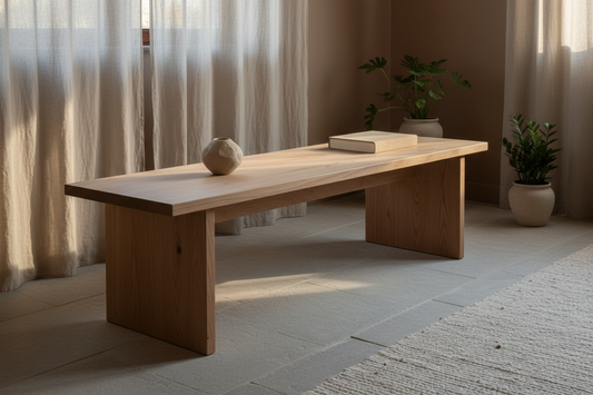 A light matte pinewood console table with clean balanced lines, a small ceramic object and a book in a calm neutral interior with warm natural light