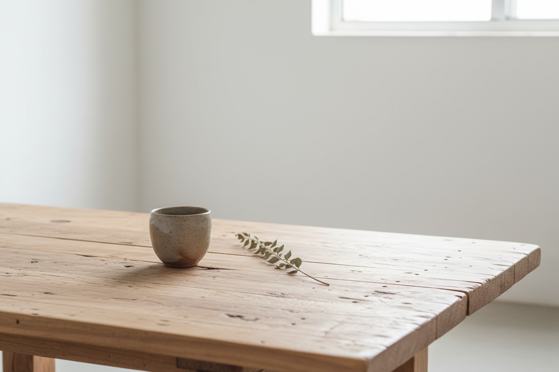 Close-up of reclaimed light pinewood coffee table surface with natural grain and patina, styled with a handmade pottery cup and dried botanical