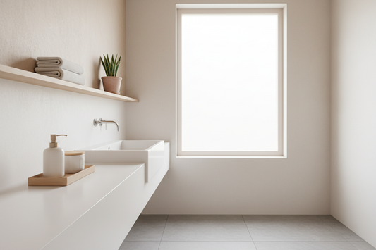 Light pinewood wooden open rack shelf styled with towels, a small plant and bathroom essentials in a calm minimal bathroom