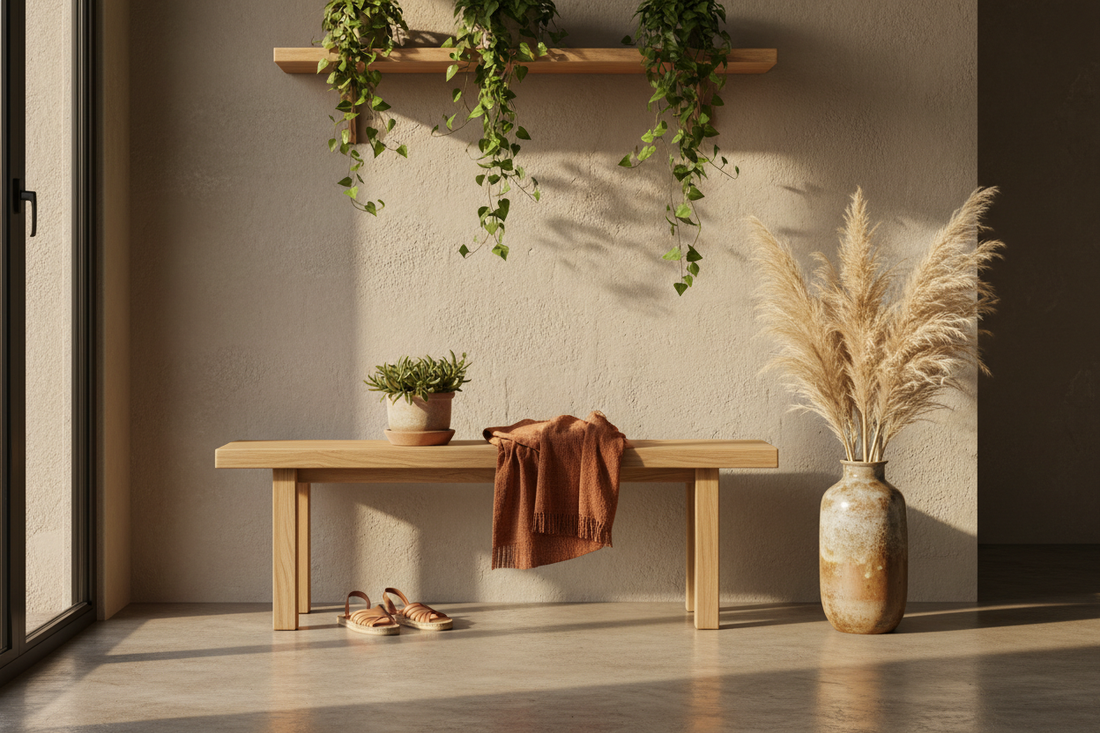 A warm home entryway with a light matte pinewood bench, a folded terracotta throw, a potted plant, dried pampas grass in a ceramic vase and trailing plants on a wall shelf in golden afternoon light