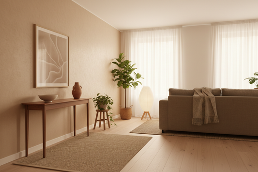 A compact apartment interior with a slim light matte pinewood console table against a neutral wall, open floor space and soft warm natural light