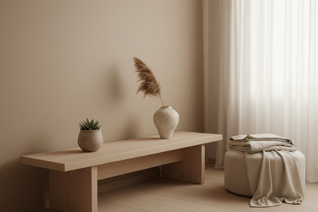 Light matte pinewood console table in a calm Nordic interior with soft natural light, linen textiles and a small ceramic object