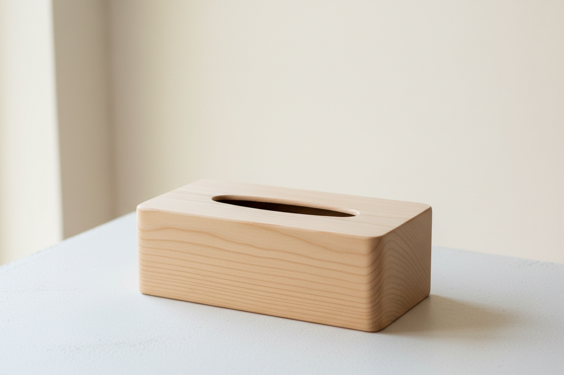 Light pinewood wooden tissue holder on a clean minimal surface in soft natural daylight