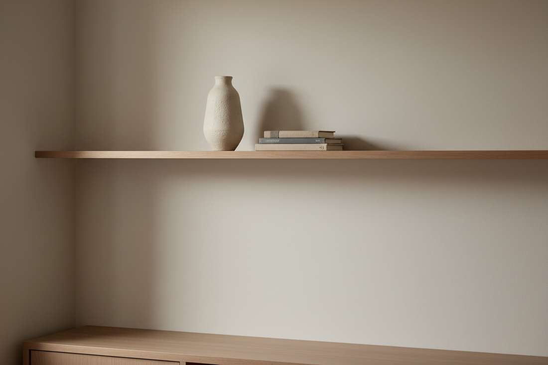 A light matte pinewood wall shelf mounted on a neutral wall with a ceramic vase, a stack of books and open breathing space in soft warm natural light