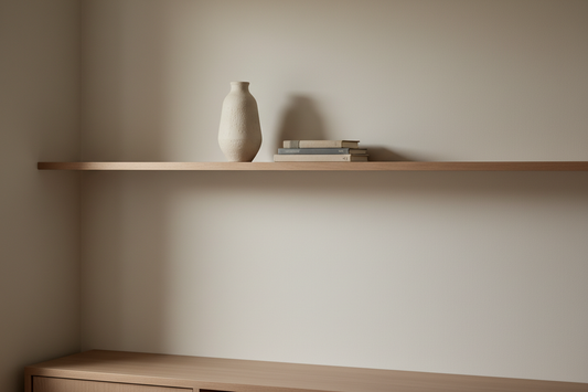 A light matte pinewood wall shelf mounted on a neutral wall with a ceramic vase, a stack of books and open breathing space in soft warm natural light