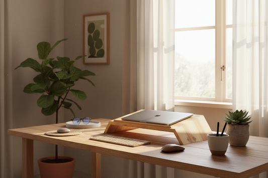 Minimalist work-from-home desk setup featuring handcrafted pinewood laptop riser in Nordic style home office