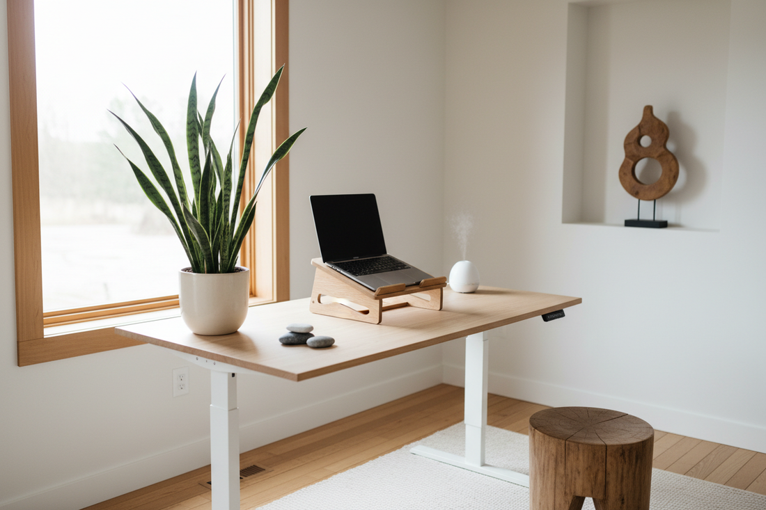 A minimalist Nordic home office with a pinewood ergonomic desk and natural daylight