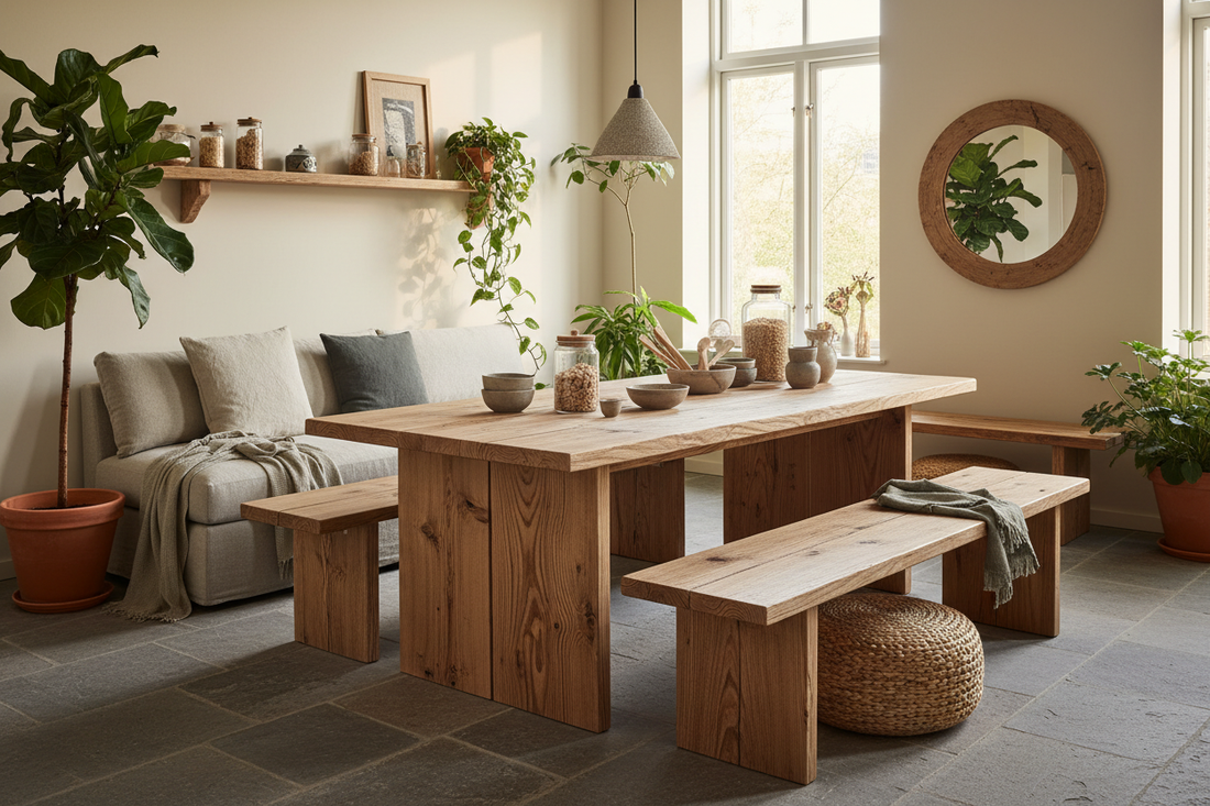 Zero-waste minimalist Nordic home interior with raw unpolished reclaimed pinewood furniture and green plants in natural sunlight