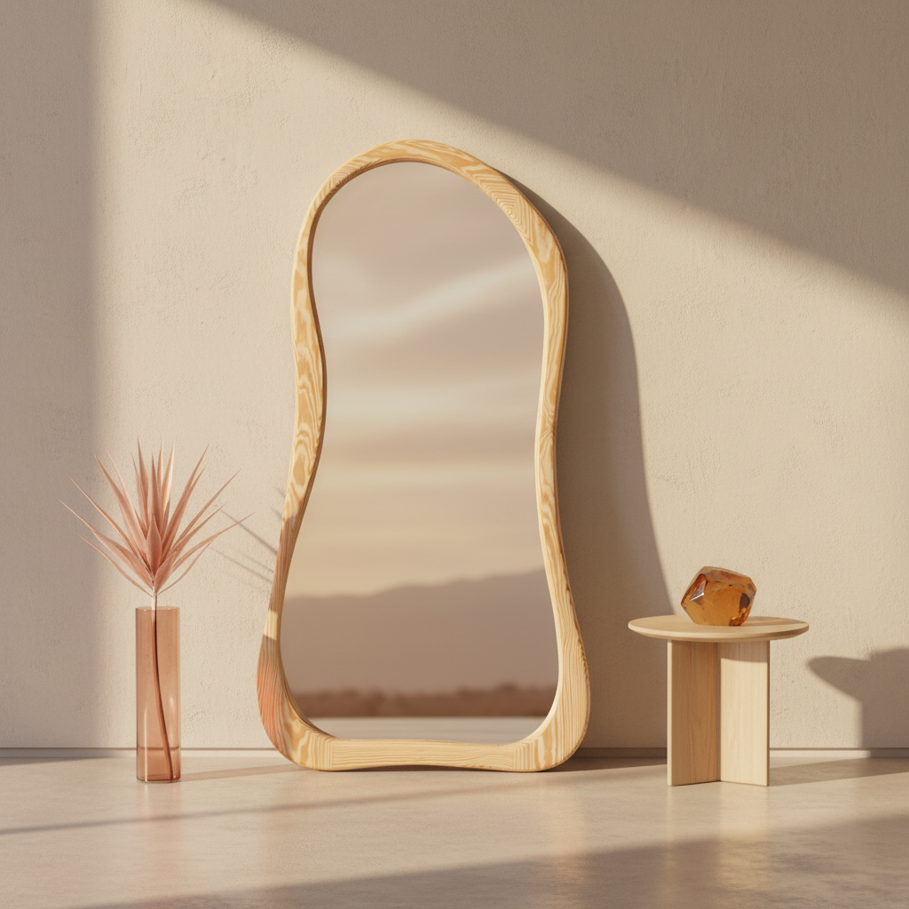 Japandi full length pinewood mirror with curved silhouette by A Good Life India
