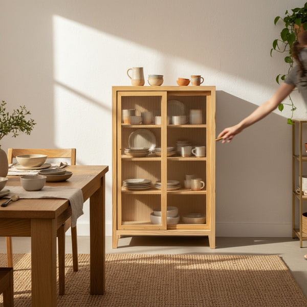 Minimalist pinewood furniture cabinet with open shelves and a textured sliding door