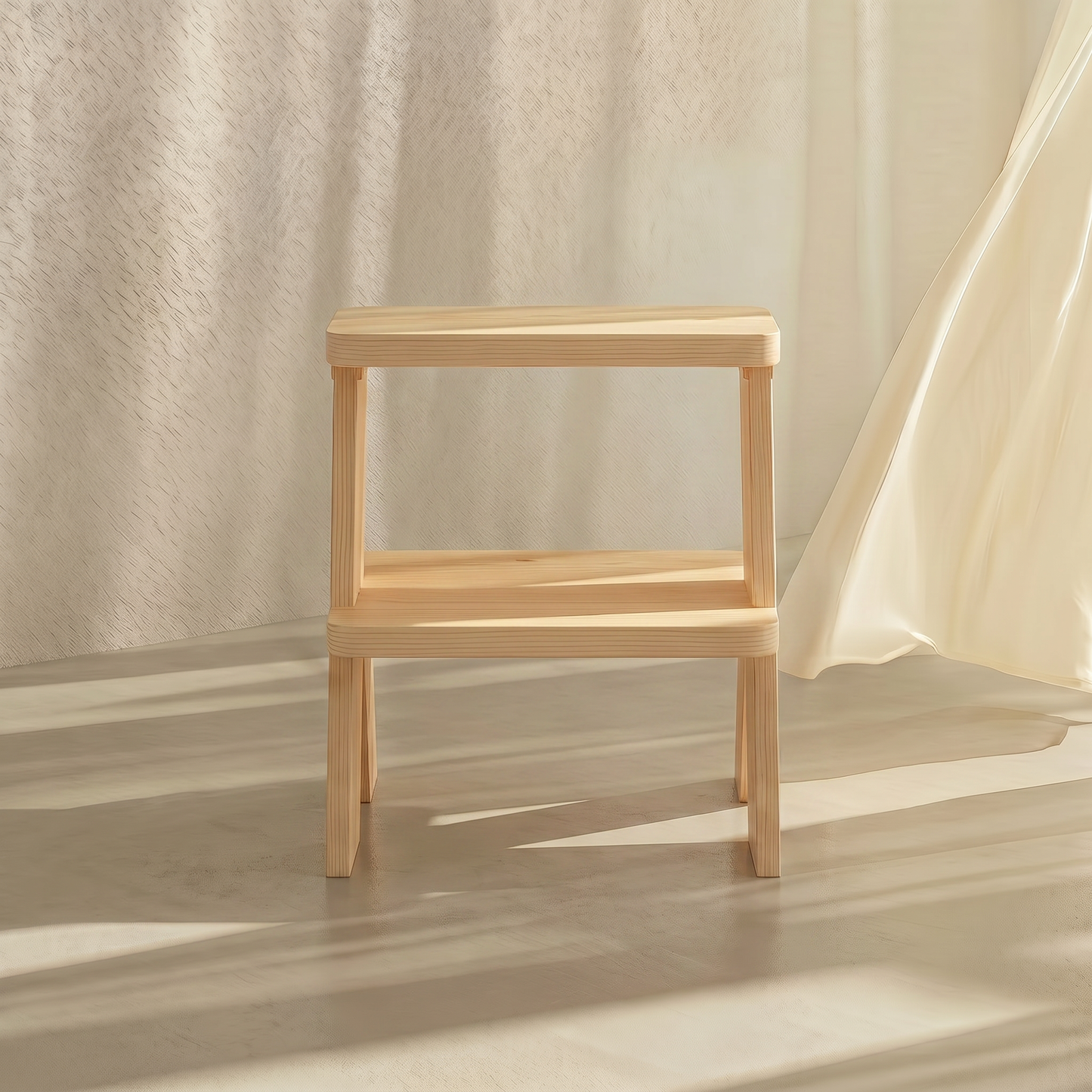 Close-up of Chibi Step Stool pinewood finish and grain texture, A Good Life