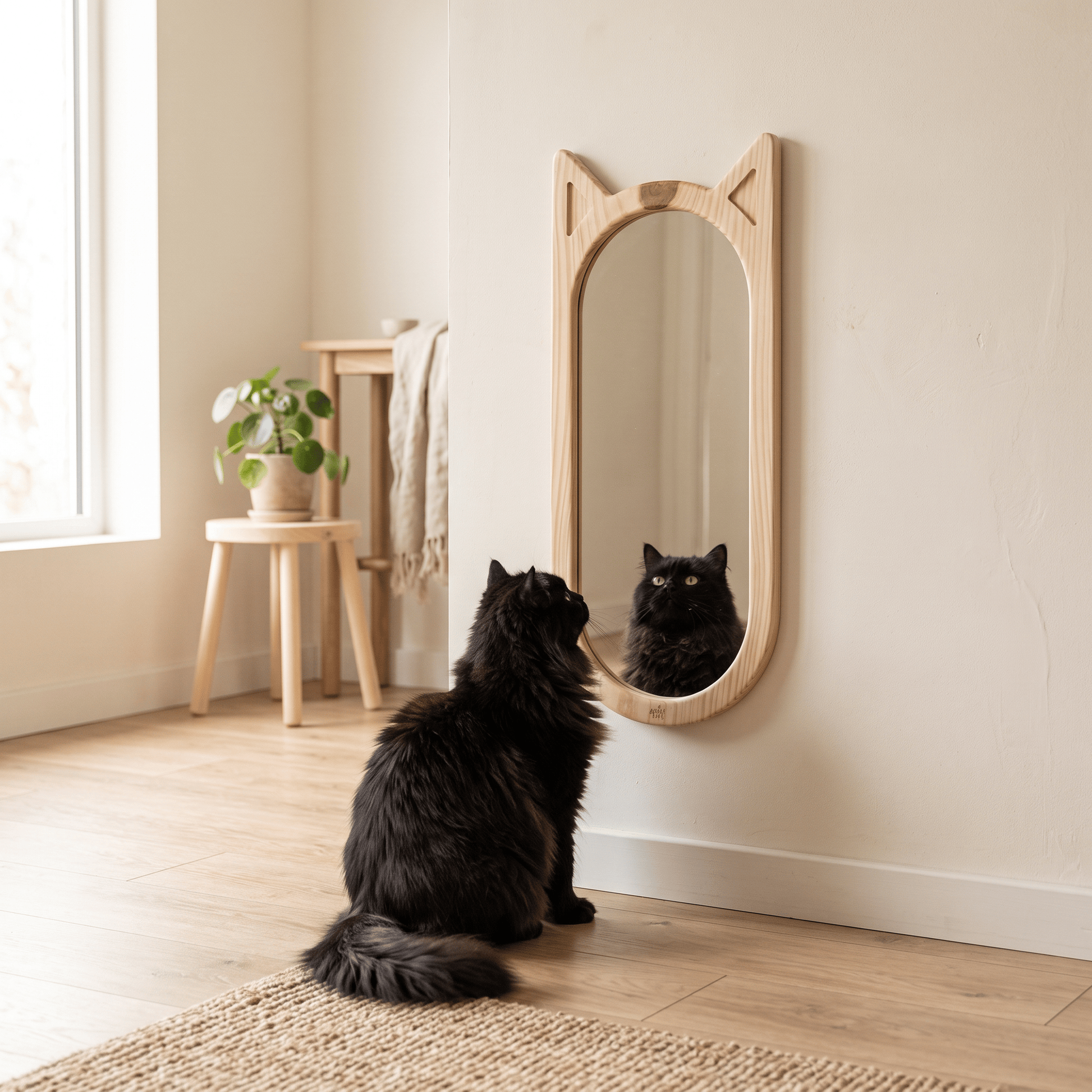 Hana pinewood cat mirror, three-quarter angle, with black Persian cat pawing at the base in golden hour light — A Good Life