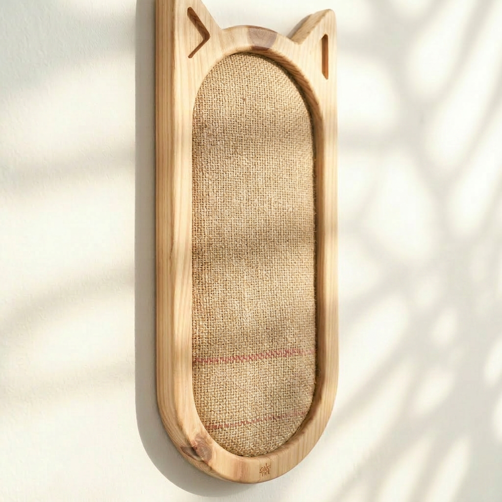Hana Cat Scratcher — side view showing sturdy wooden base and scratching surface