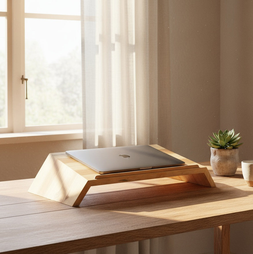 Minimalist wooden laptop riser stand on Scandinavian desk with natural light - ergonomic home office workspace decor by A Good Life