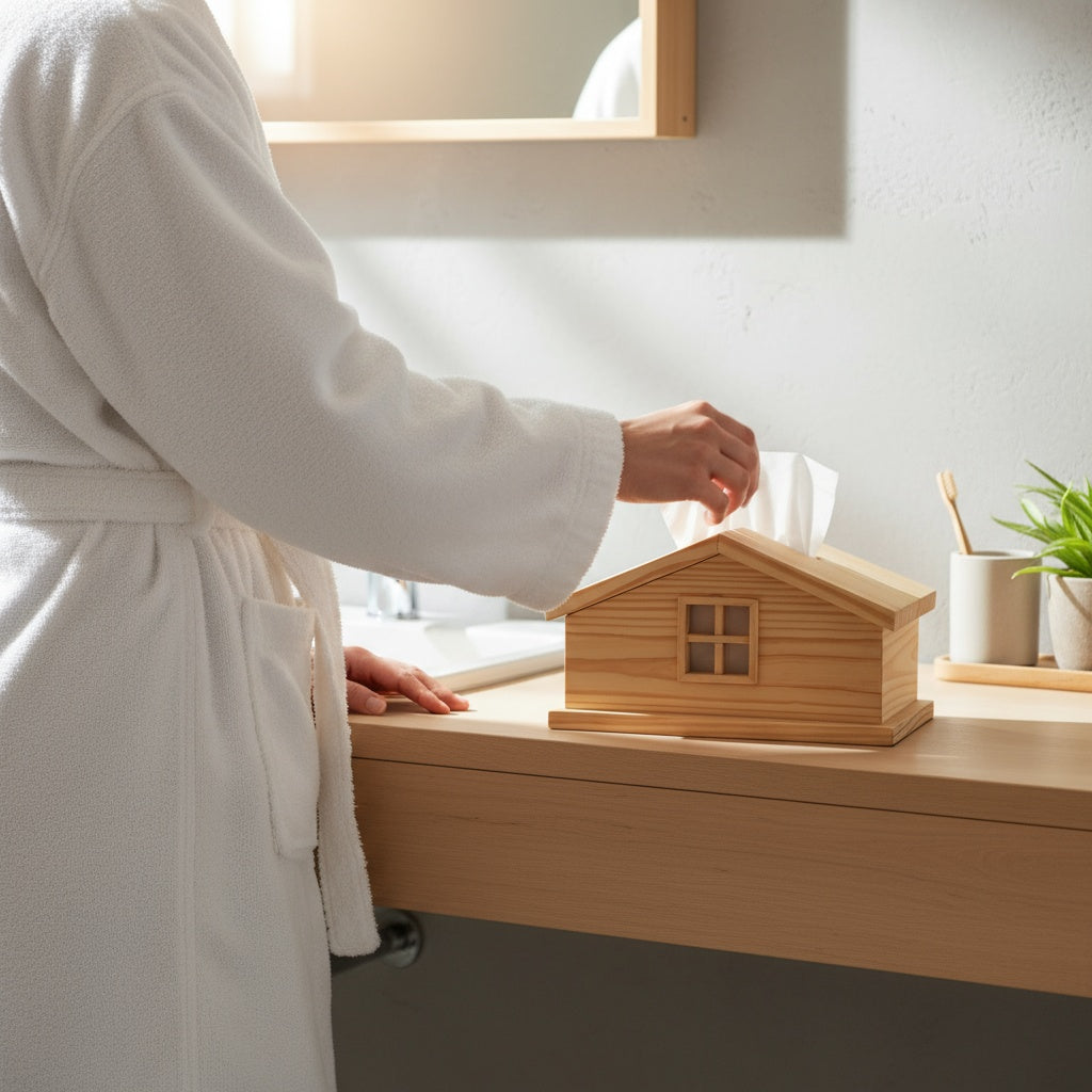 Handcrafted wooden cabin tissue holder in solid pinewood with window design for Scandinavian inspired home decor