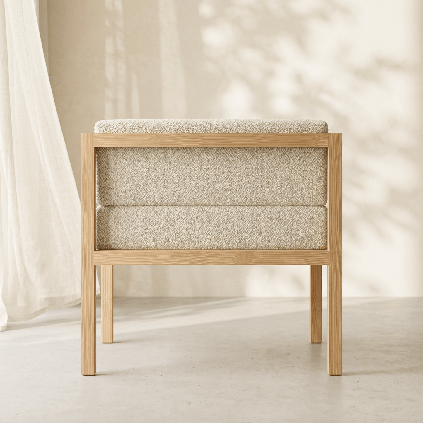 Kosho lounge chair three-quarter angle view, handcrafted Canadian pinewood frame
