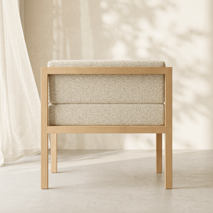 Kosho lounge chair three-quarter angle view, handcrafted Canadian pinewood frame