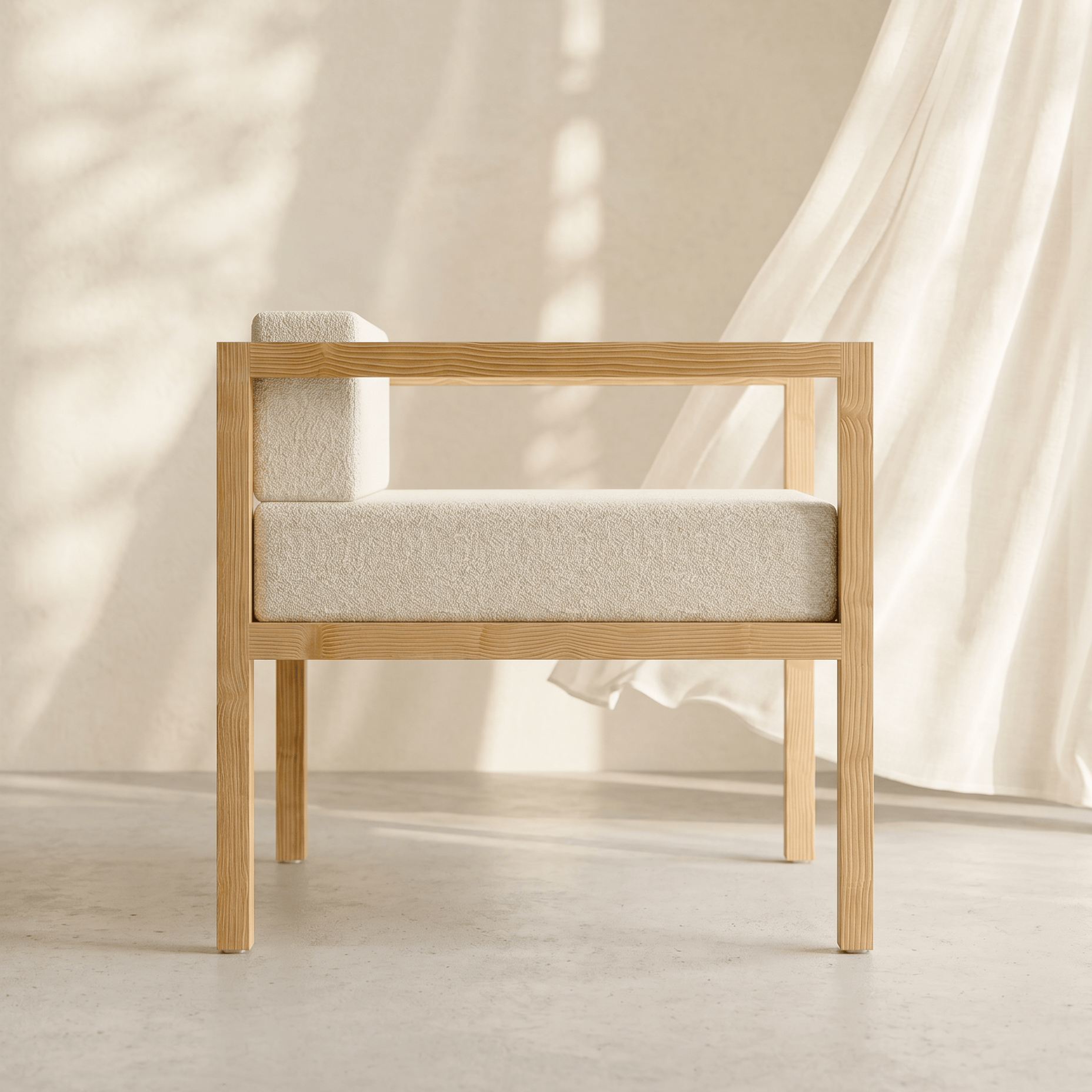 Kosho pinewood lounge chair, side profile showing boxy upright silhouette