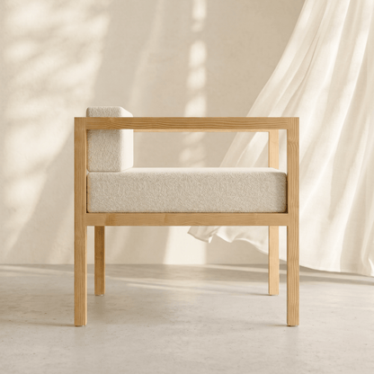 Kosho pinewood lounge chair, side profile showing boxy upright silhouette