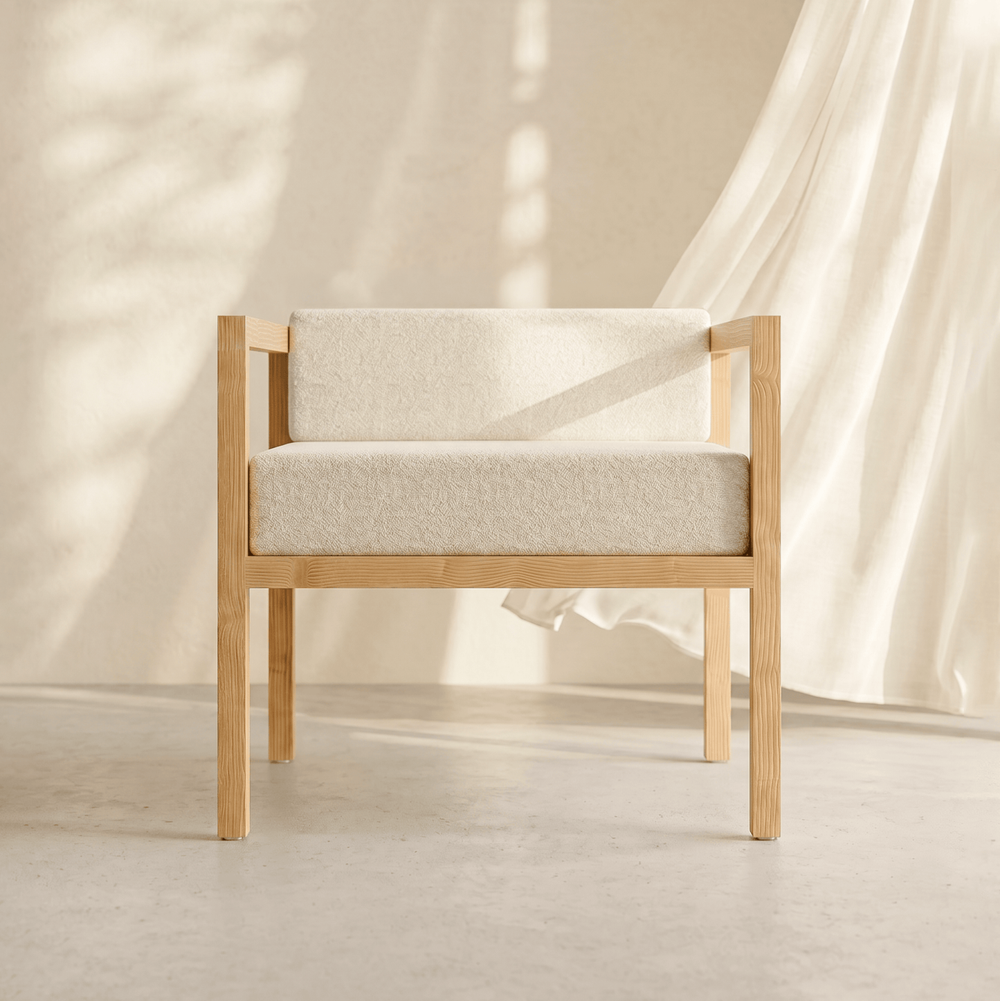 Kosho wooden lounge chair in living room setting, minimalist Japandi interior