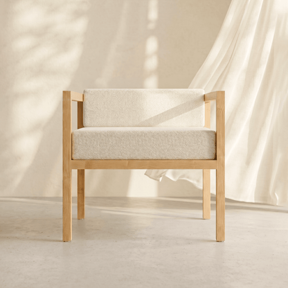 Kosho wooden lounge chair in living room setting, minimalist Japandi interior