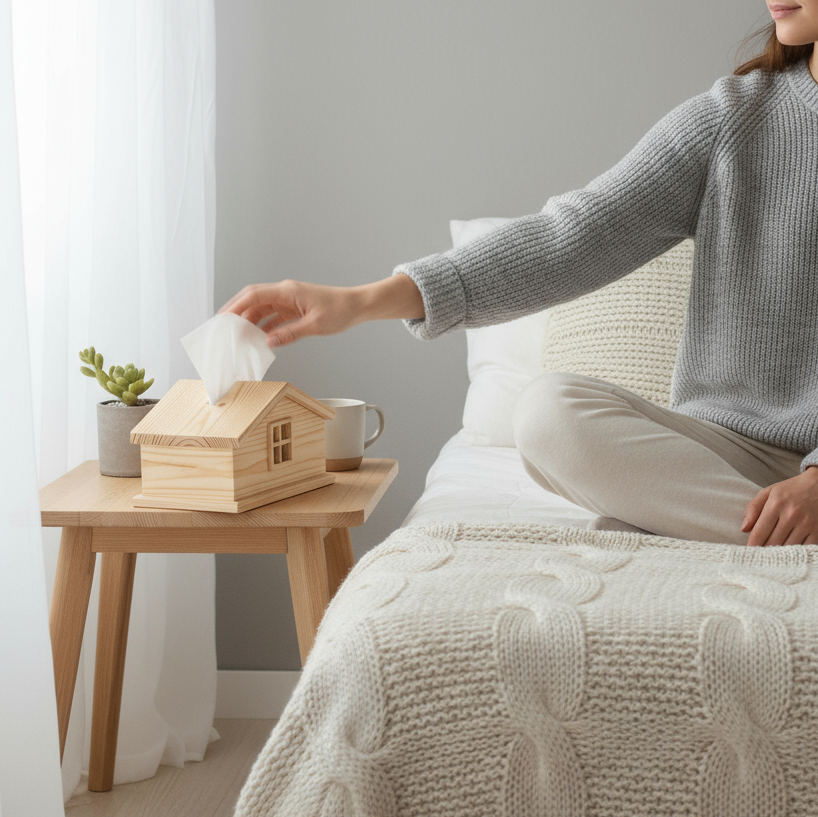 Minimalist cabin style tissue dispenser in natural Canadian pine wood with house shape for Nordic bathroom accessories
